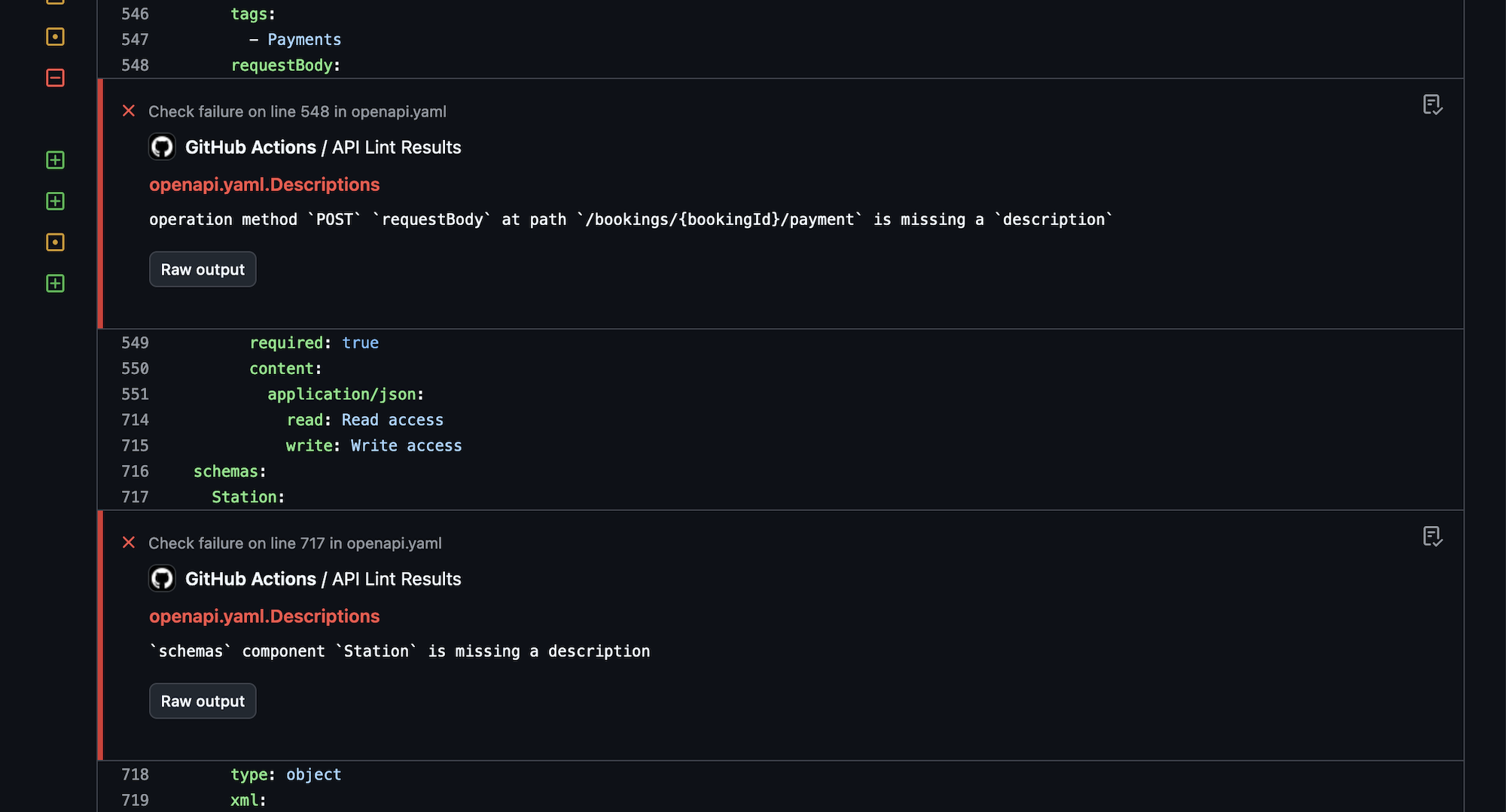 Screenshot from GitHub.com, showing the "GitHub Actions / API Lint Results" check result outputting annotations.