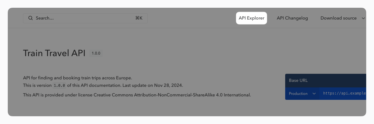 Image of the API Explorer link in the navigation of a documentation