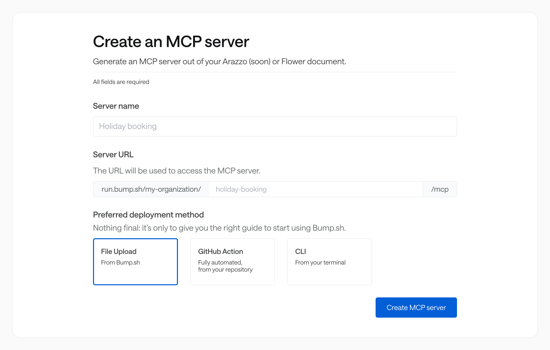 MCP server creation form