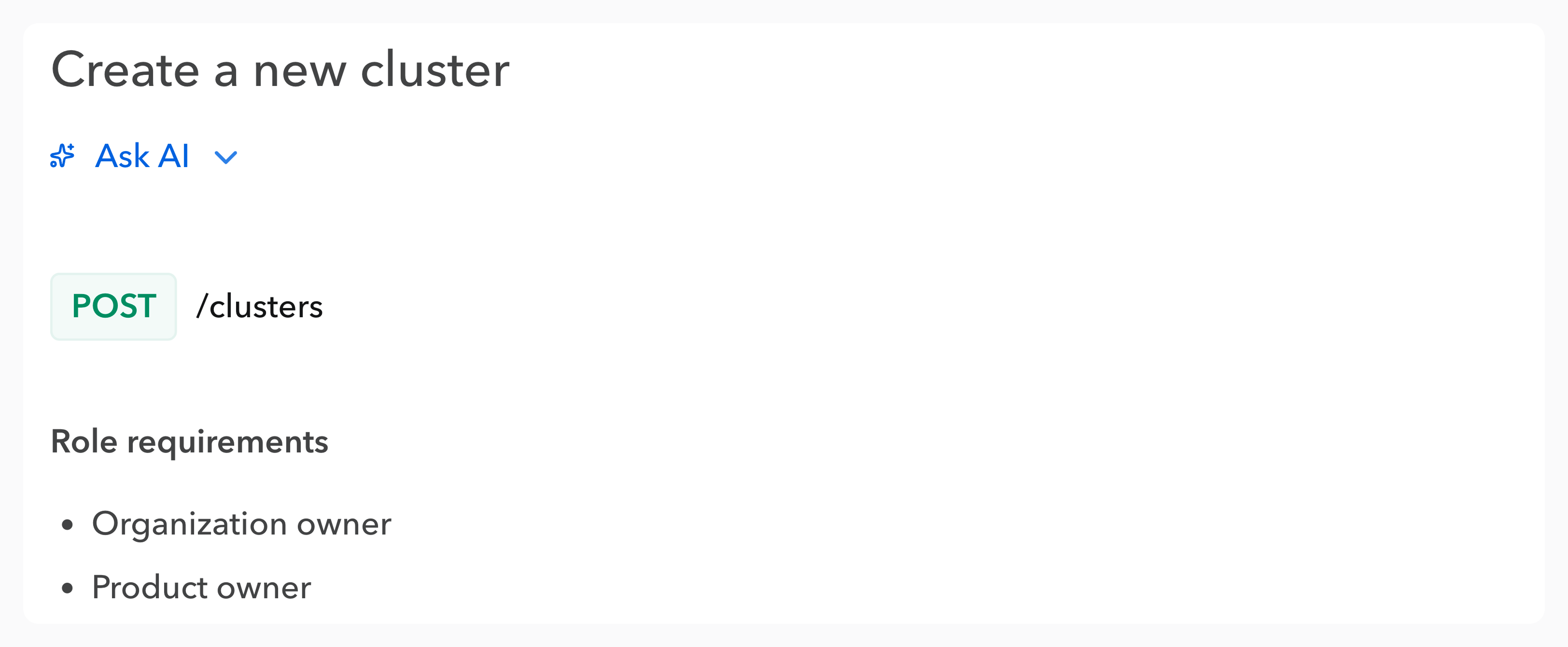 Screenshot of an example API documentation on Bump.sh, with a multilines roles requirements area.