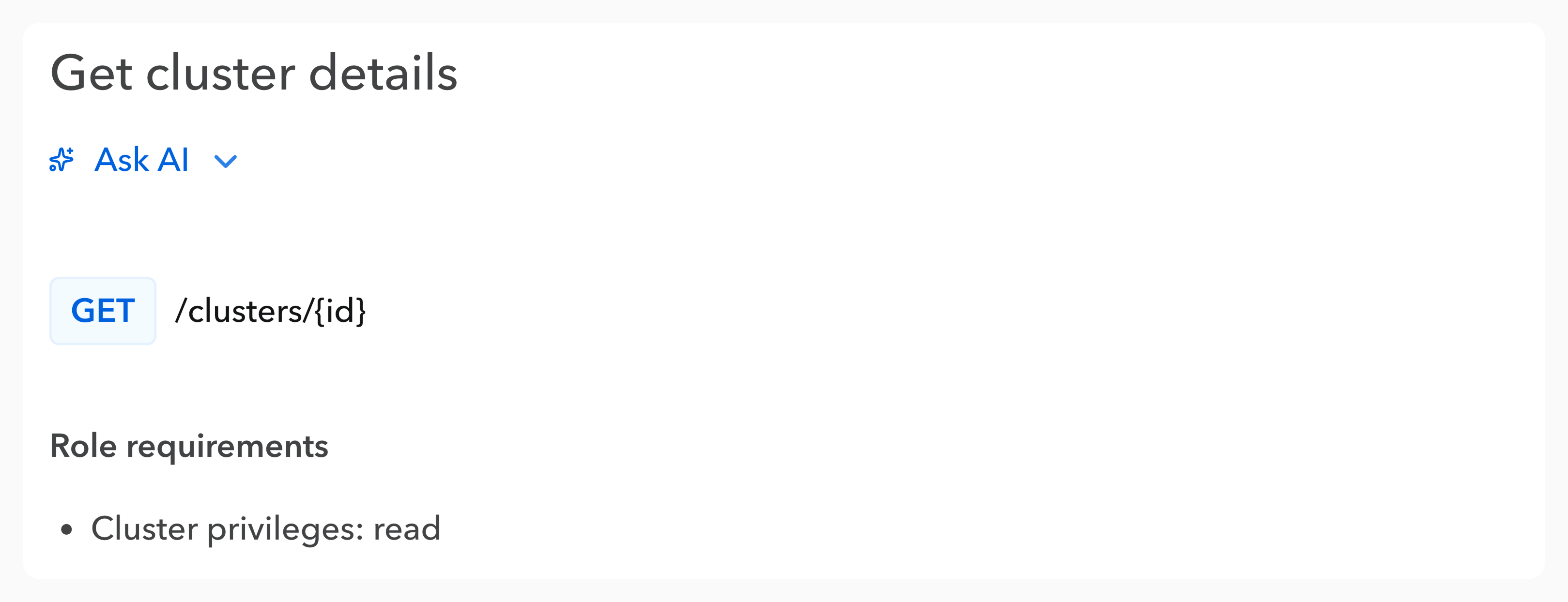 Screenshot of an example API documentation on Bump.sh, with a single line roles requirements area.